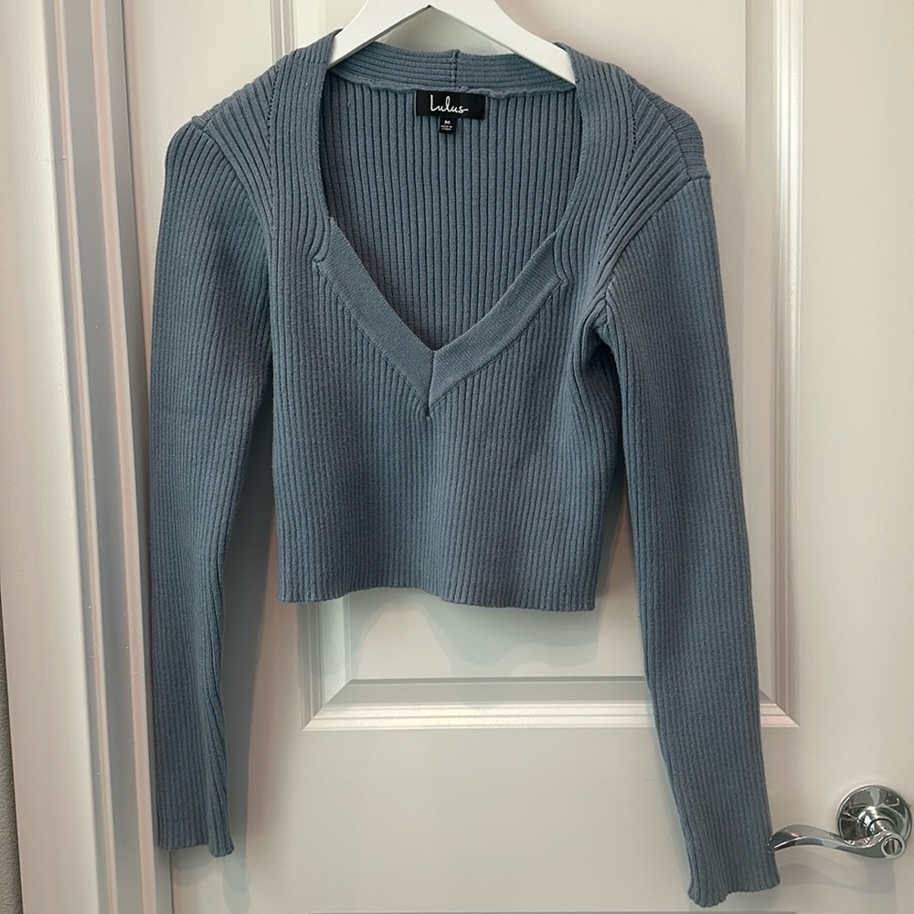 Lulus Blue Deep V Ribbed Sweater